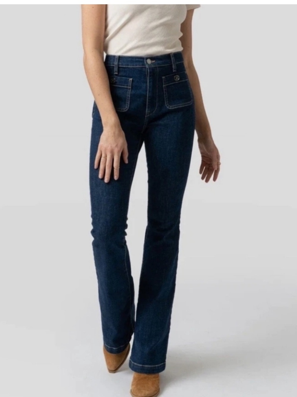 Saint + Sofia Bowie Flare Jeans Dark Wash Patch Pocket Stretch Women Size 26 - Picture 3 of 11